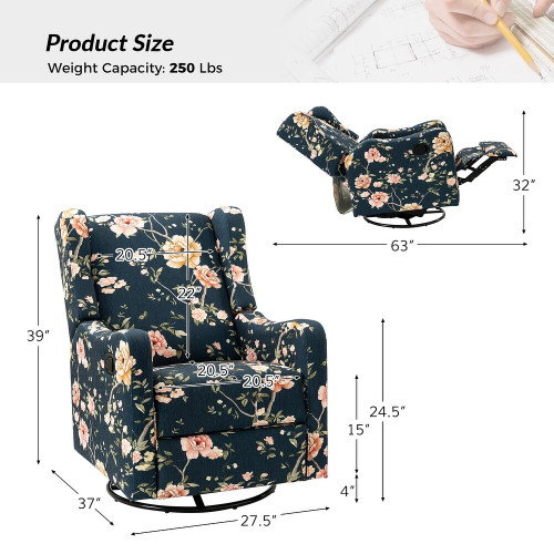 Gastone Transitional Floral Fabric Nursery Recliner with Curved Arms