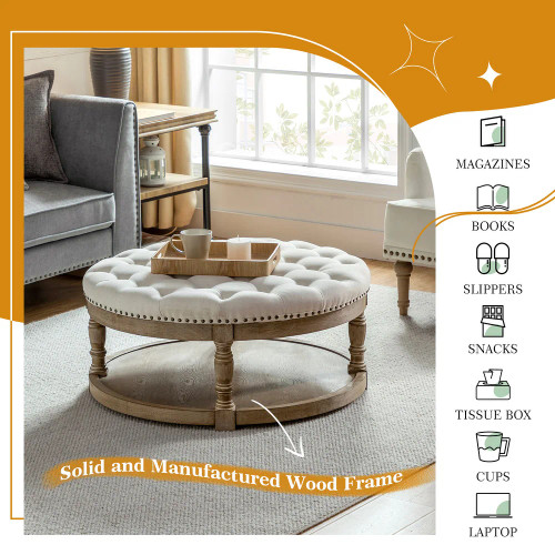 Enipeus Transitional Polyester Storage Button-tufted Round Small Ottoman with Solid Wood Legs and Nailhead Trim