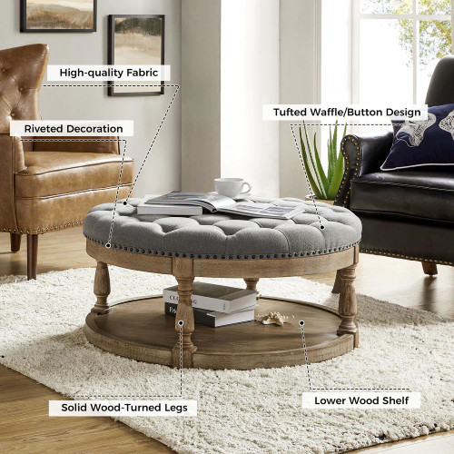 Enipeus Transitional Polyester Storage Button-tufted Round Small Ottoman with Solid Wood Legs and Nailhead Trim