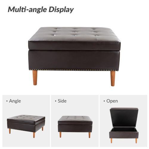 Burkhard Modern Storage Faux Leather Tufted Cocktail Ottoman with Solid Wood Legs