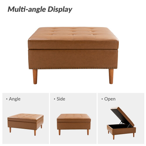Burkhard Modern Storage Faux Leather Tufted Cocktail Ottoman with Solid Wood Legs