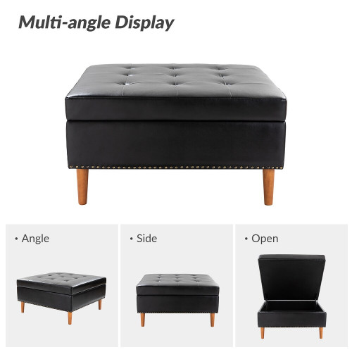 Burkhard Modern Storage Faux Leather Tufted Cocktail Ottoman with Solid Wood Legs