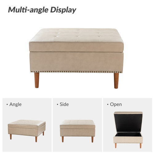 Burkhard Modern Storage Faux Leather Tufted Cocktail Ottoman with Solid Wood Legs