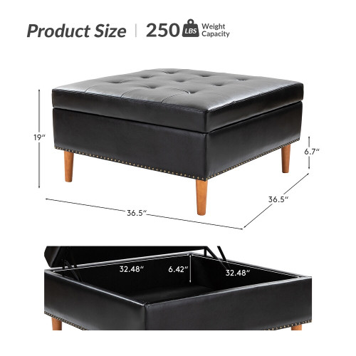 Burkhard Modern Storage Faux Leather Tufted Cocktail Ottoman with Solid Wood Legs