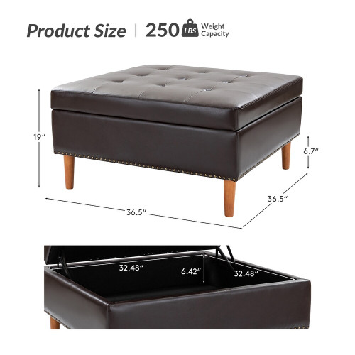 Burkhard Modern Storage Faux Leather Tufted Cocktail Ottoman with Solid Wood Legs