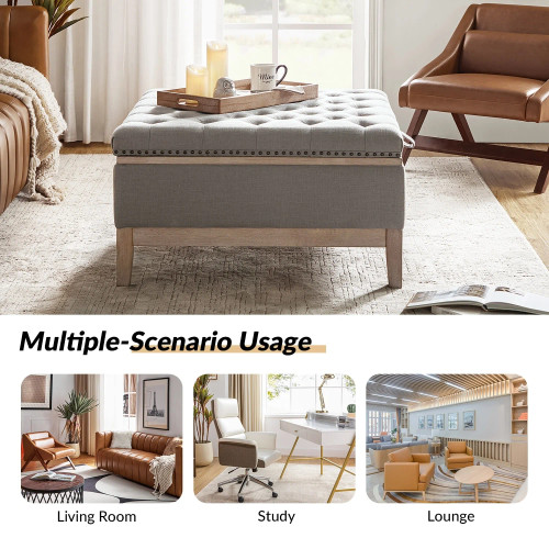 Georgie Modern Polyester Upholstered Storage Cocktail Ottoman with Nailhead Trims and Solid Wood Legs