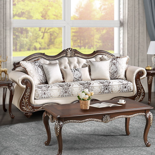 Pierce - Sofa With 5 Pillows - Beige Fabric & Cherry Pierce - Sofa With 5 Pillows - Beige Fabric & Cherry