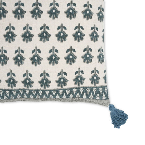 Blossom - 20" Printed Cotton Tassel Accent Cushion - Blue