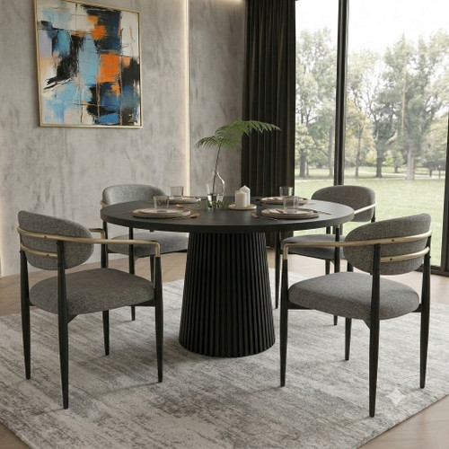 5-Piece Modern Fluted Round Dining Table & Fabric Armchair Set