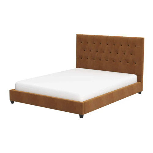 Donald Mid Century Modern Cognac Velvet Platform Bed Queen Size