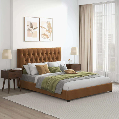 Donald Mid Century Modern Cognac Velvet Platform Bed Queen Size