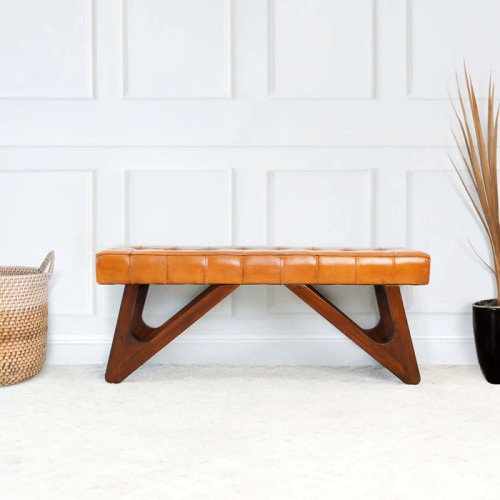 Mia Tan Leather Bench With Buttons