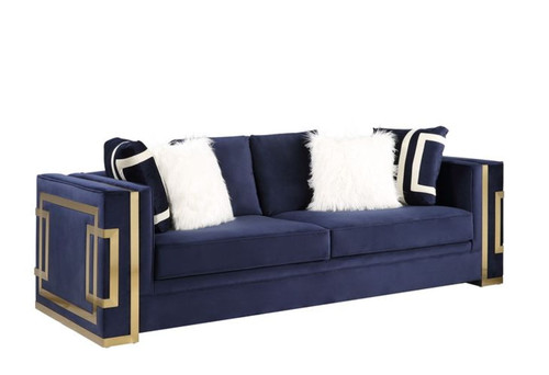 Virrux - Sofa With 6 Pillows - Blue Velvet & Gold Virrux - Sofa With 6 Pillows - Blue Velvet & Gold