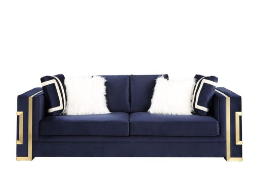 Virrux - Sofa With 6 Pillows - Blue Velvet & Gold