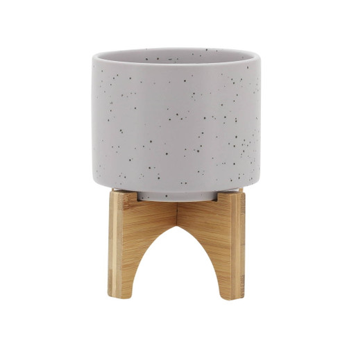 Planter With Wood Stand 5" - Matte Beige