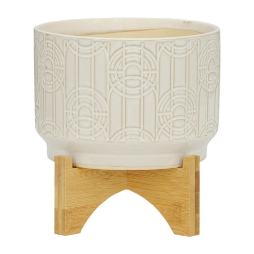Ceramic Circles Planter On Stand 7" - White