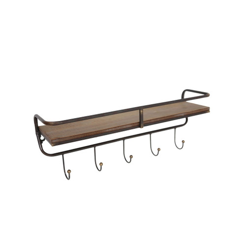 Metal / Wood 5-Hook Wall Shelf 20" - Brown