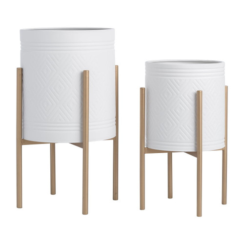 Aztec Planter On Metal Stand (Set of 2) - White / Gold Aztec Planter On Metal Stand (Set of 2) - White / Gold