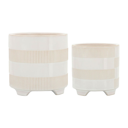 Ceramic Textured Footed Planters 6 / 8" (Set of 2) - Beige Ceramic Textured Footed Planters 6 / 8" (Set of 2) - Beige