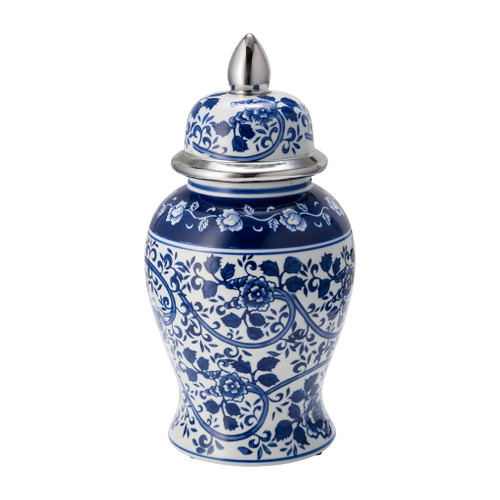 Ceramic Temple Jar 14" - Silver / Blue / White