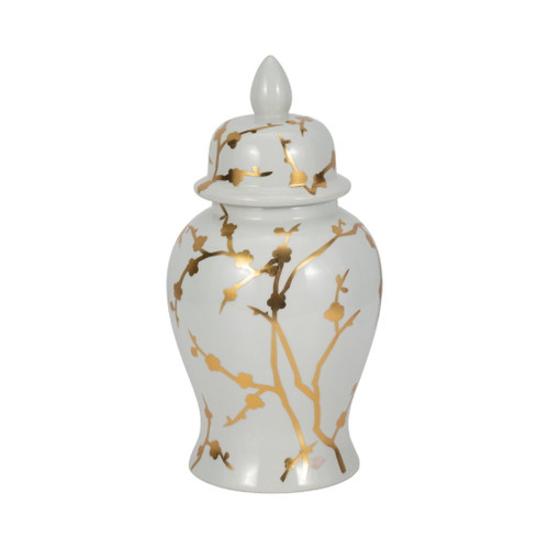 Gold Cherry Blossom Temple Jar 14" - White / Gold