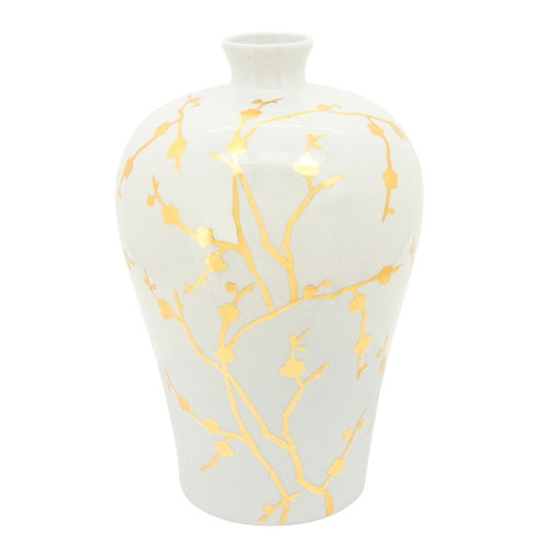 Ceramic 15" Vase With Gold Decal - White