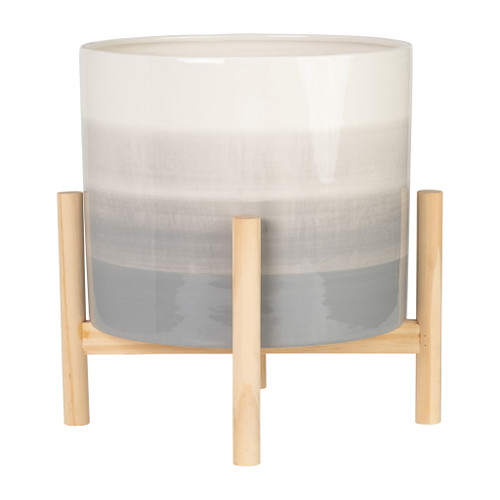Ceramic Planter With Wood Stand Mix 12" - Beige Mix Ceramic Planter With Wood Stand Mix 12" - Beige Mix
