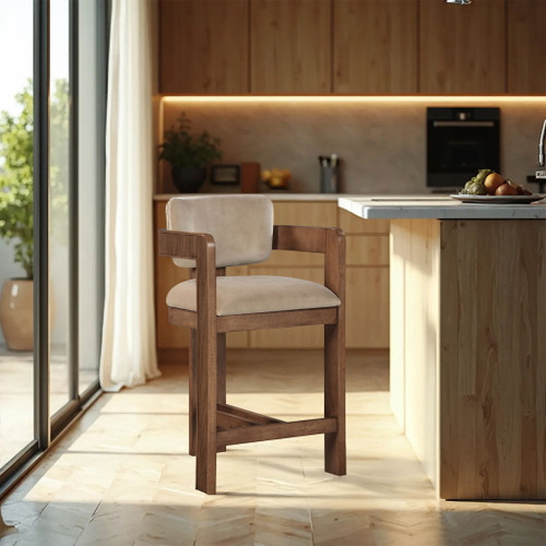 Sacha - Velvet Stool With Brown Base