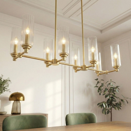 Willow - 8 Lights Island With Clear Ribbed Pendant Lamp Satin - Antique Brass / Clear / Gold