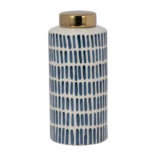 Ceramic 13" Jar With Gold Lid - Blue