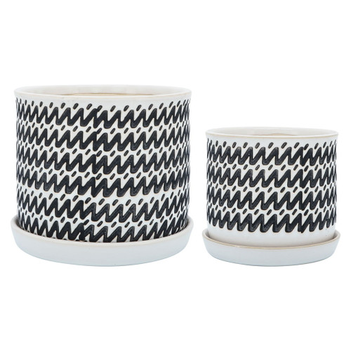 Ceramic Zigzag Planter With Saucer 6 / 8" (Set of 2) - Black
