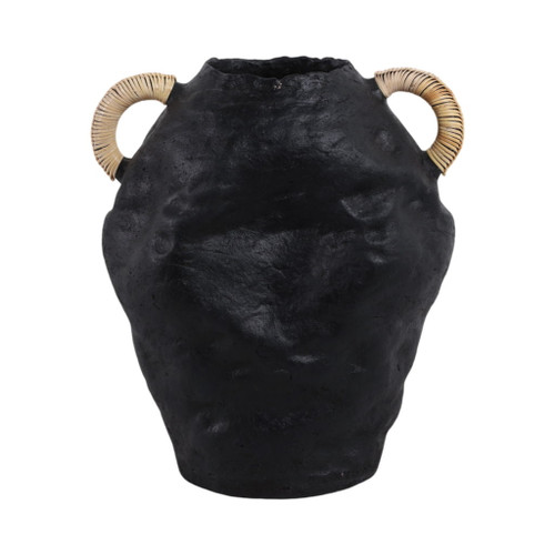 13" Terracotta Jug Vase With Rattan Handles - Black