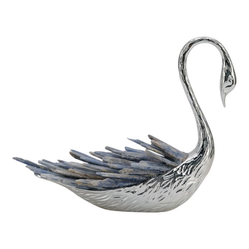 6" Majesty Kyanite Stone Sitting Metal Swan - Pearl Silver