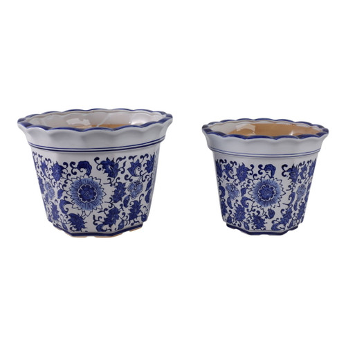 10" / 12" Chinoiserie Pot Planters (Set of 2) - Blue / White