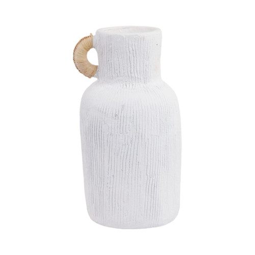 13" Textured Terracotta Vase With Rattan Handle - White