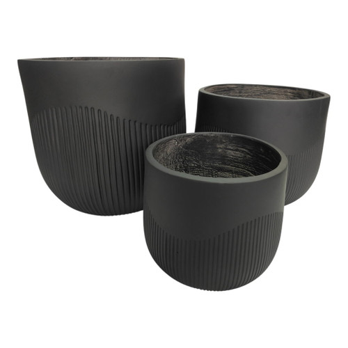 11" / 14" / 18" Resin Planters With Wavy Ribbing (Set of 3) - Black