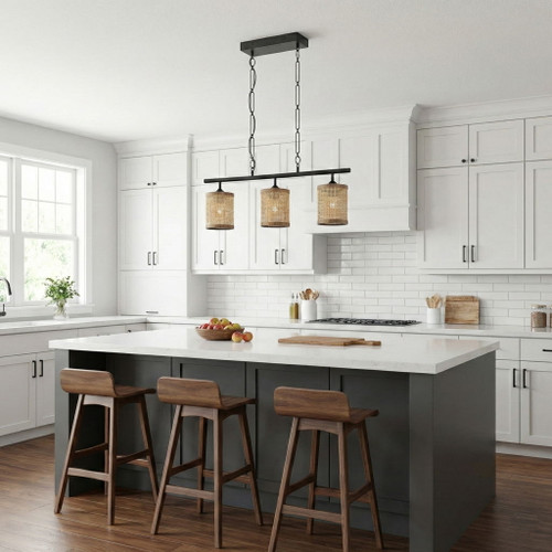 Elysian - 3 Lights Island With Natural Shade Farmhouse Chain Ceiling Lamp - Black / Rattan