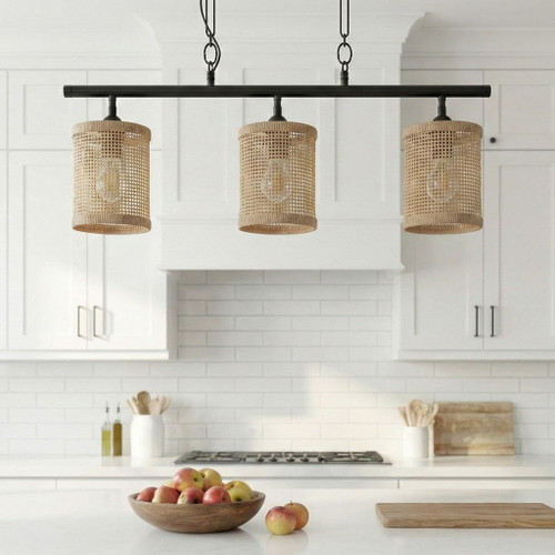 Elysian - 3 Lights Island With Natural Shade Farmhouse Chain Ceiling Lamp - Black / Rattan