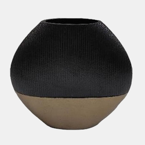 11" Color Block Round Vase - Black / Brass Antique
