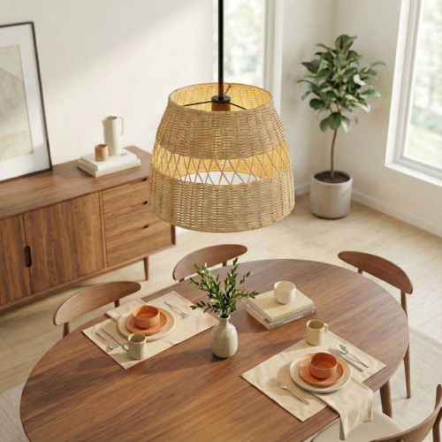 Essence - Single Lights Pendant With Shade - Black / Rattan