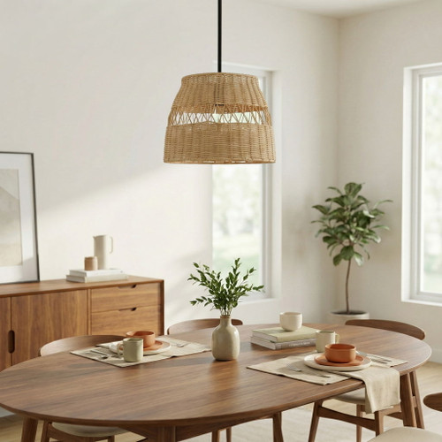 Essence - Single Lights Pendant With Shade - Black / Rattan