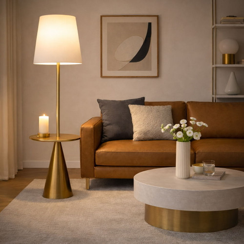 Celestial - Modern Floor Lamp With Accent Table With Large Shade - Gold / White