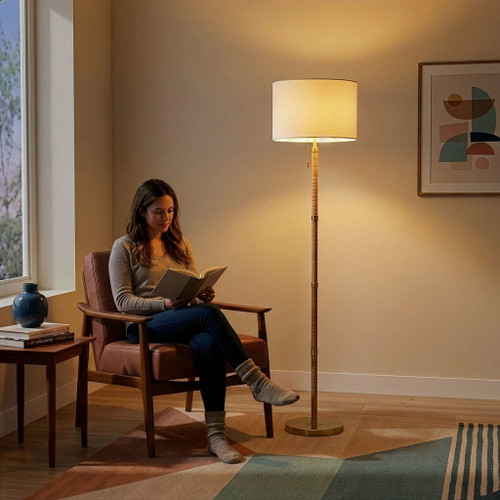 Stellar - Linen Shade Floor Lamp - Gold / Natural Wood / Rattan / White