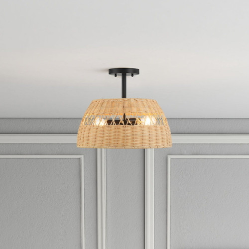 Twinkle - Double Lights Semi Flush With Shade - Black / Rattan