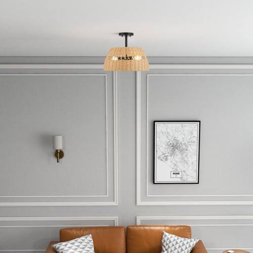 Twinkle - Double Lights Semi Flush With Shade - Black / Rattan