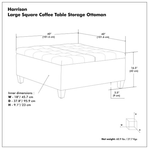 Harrison - Large Square Coffee Table Storage Ottoman - Black
