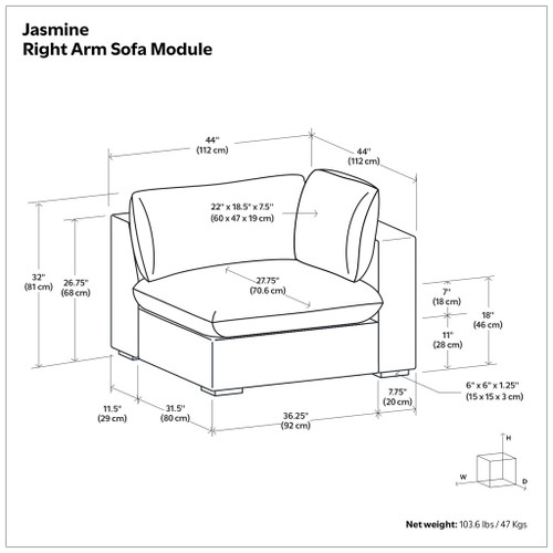Jasmine - Right Arm Sofa Module - Gray