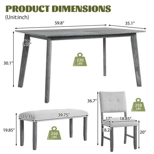 Rustic Farmhouse Dining Room Rectangular Table With 4 Upholstered Chairs And Bench