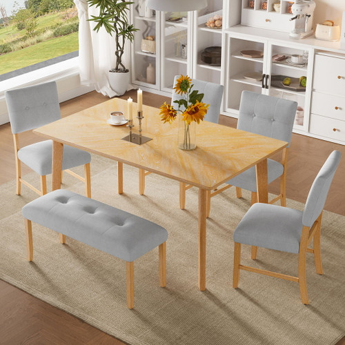 Rustic Farmhouse Dining Room Rectangular Table With 4 Upholstered Chairs And Bench