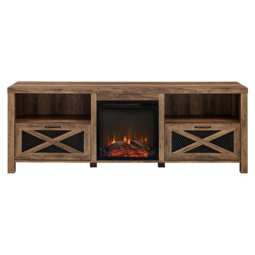 Industrial Farmhouse Metal Mesh Drop Down X Door Fireplace TV Stand